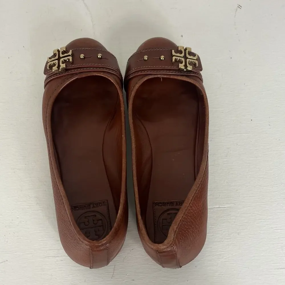 Tory Burch Brown Pebbled Leather Gold Reva Buckle Elina Ballet Flats Size 7M